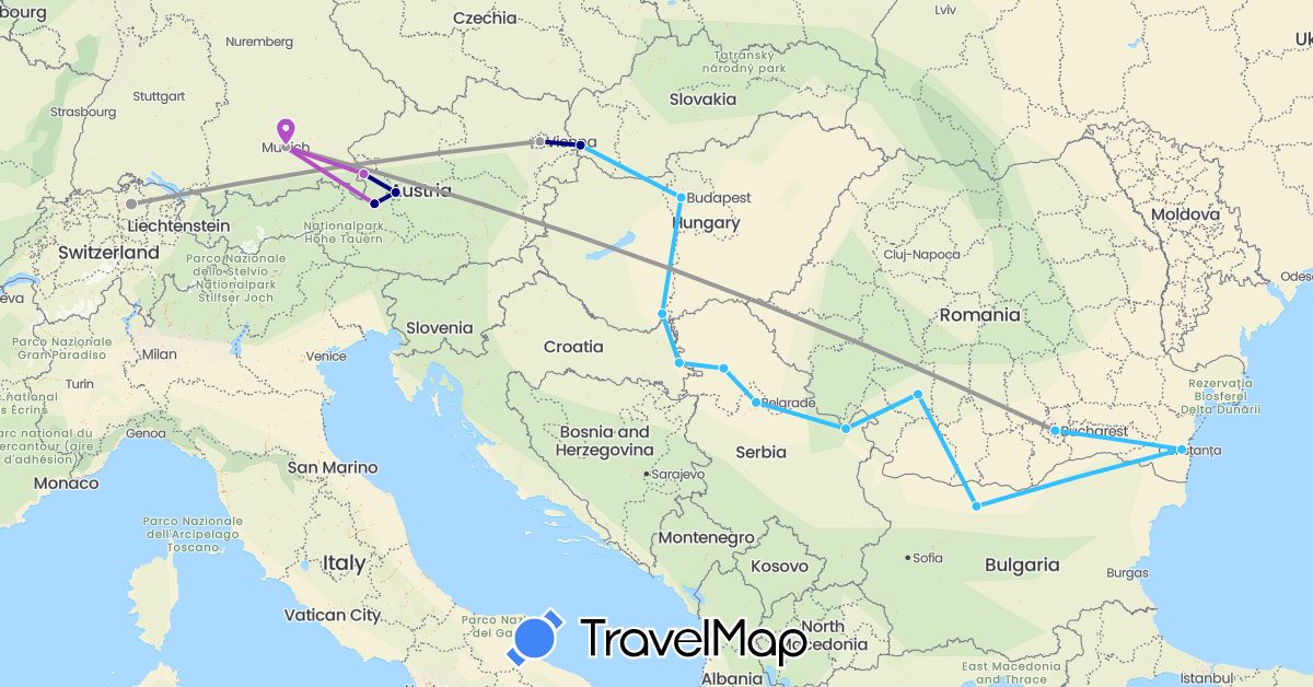 TravelMap itinerary: driving, plane, train, boat in Austria, Bulgaria, Switzerland, Germany, Croatia, Hungary, Romania, Serbia, Slovakia (Europe)